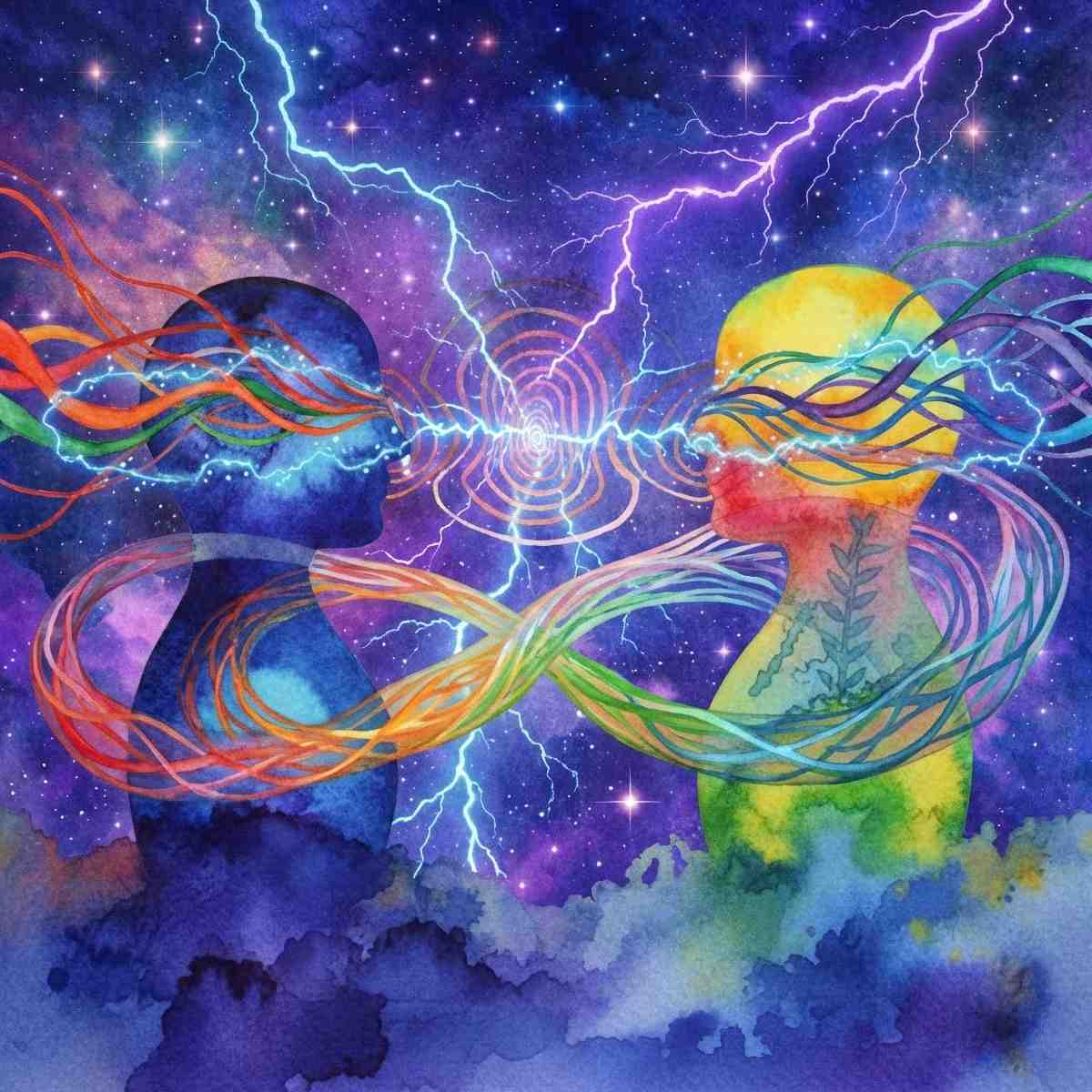 Artistic depiction of two figures with colourful energy streams against a cosmic background.