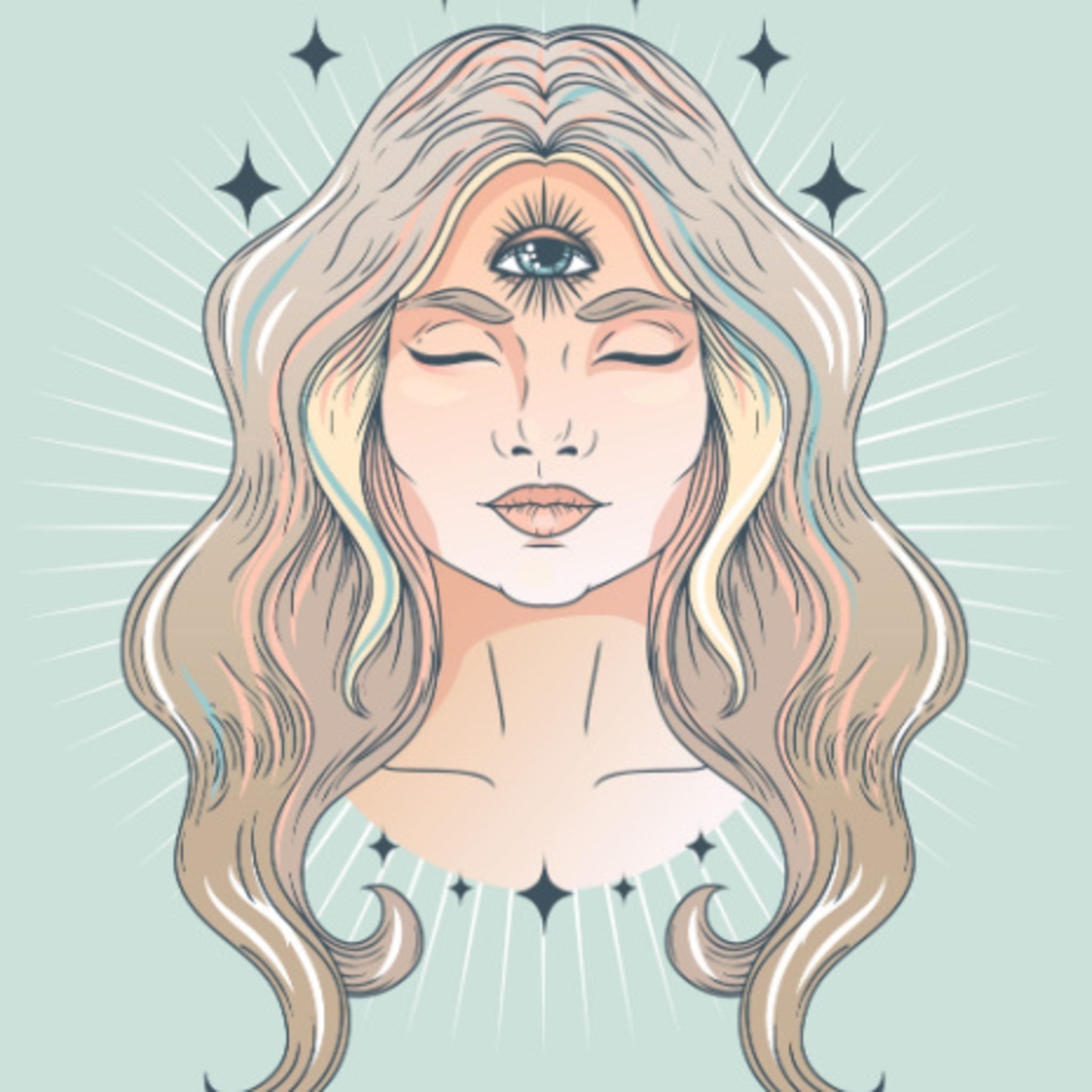 Ultimate Third Eye Abundance Enhancement Treatment: stylised illustration of a woman with long wavy hair and a prominent third eye symbol on her forehead, surrounded by light rays.