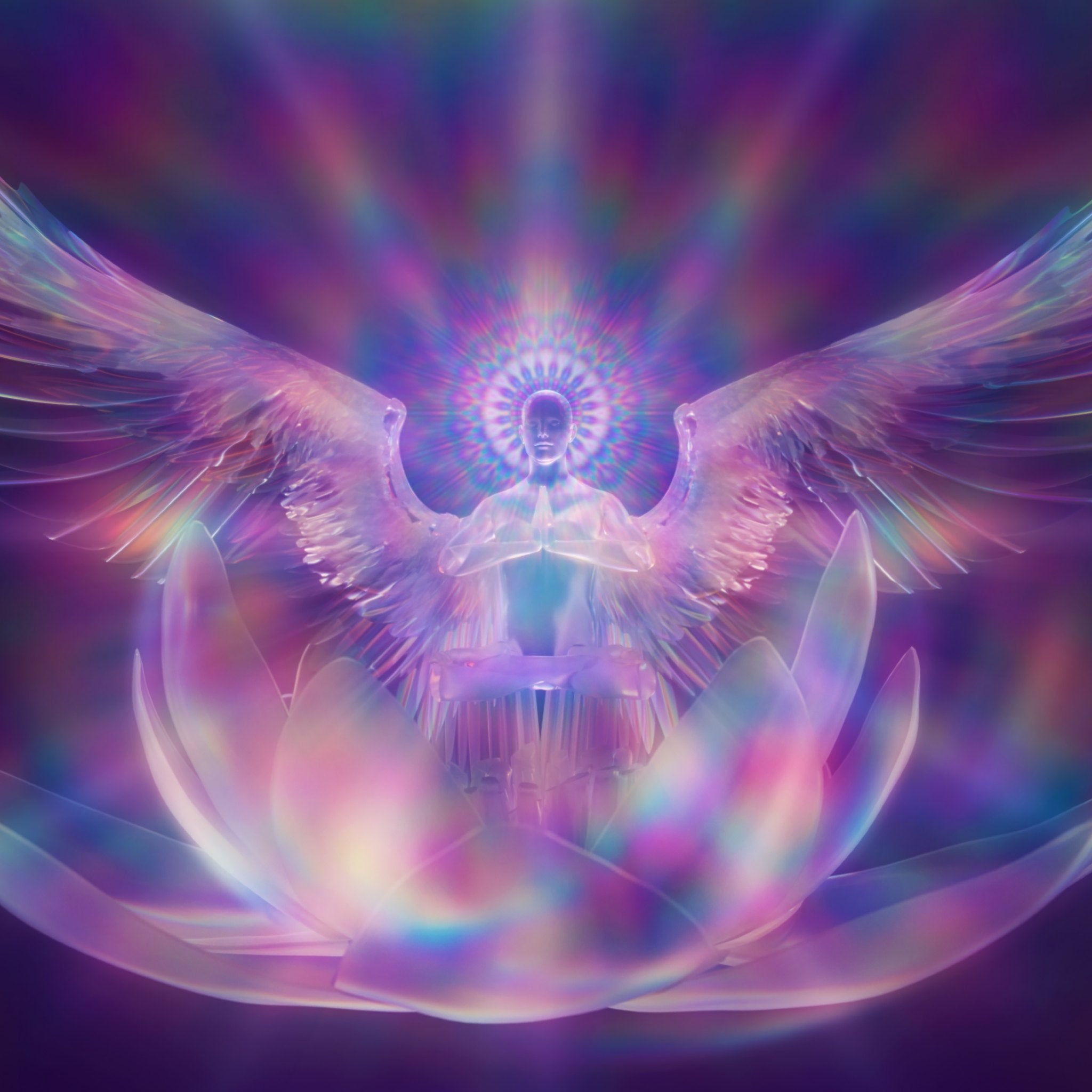 A luminous, crystalline, winged figure, representing an angel, is seated in a meditation pose on a large, glowing lotus flower. The scene is bathed in vibrant, rainbow-coloured light rays against a deep purple background, symbolising third eye enhancement.
