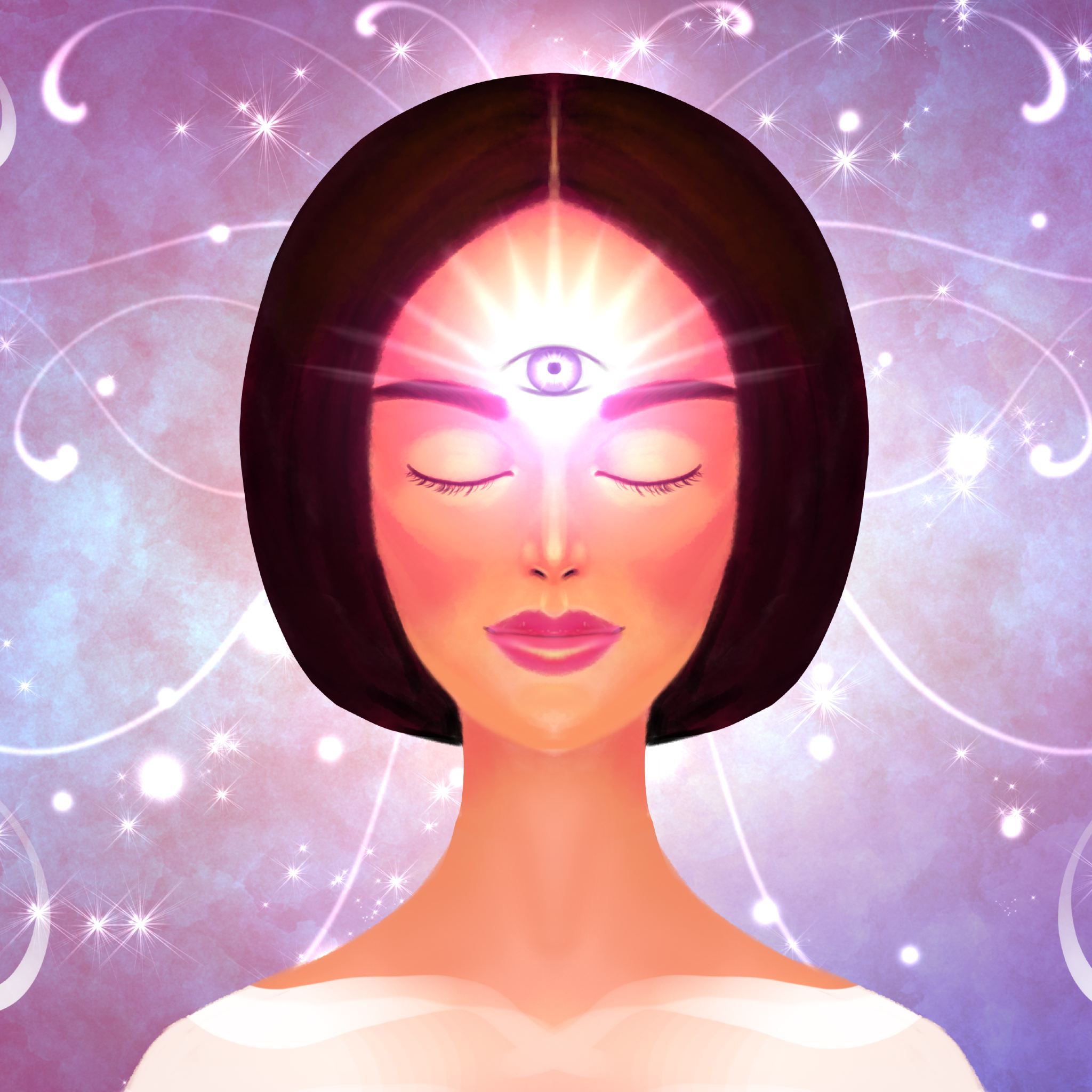 A digital illustration of a woman with closed eyes and short dark hair, set against a soft, sparkling purple and pink background. A small eye symbol on her forehead (the third eye) is surrounded by a brilliant, white and magenta glow, representing an aura enhancement.