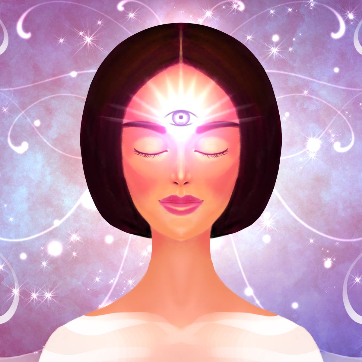 Illustration of a woman's face with an open Third Eye Chakra and a radiant aura.