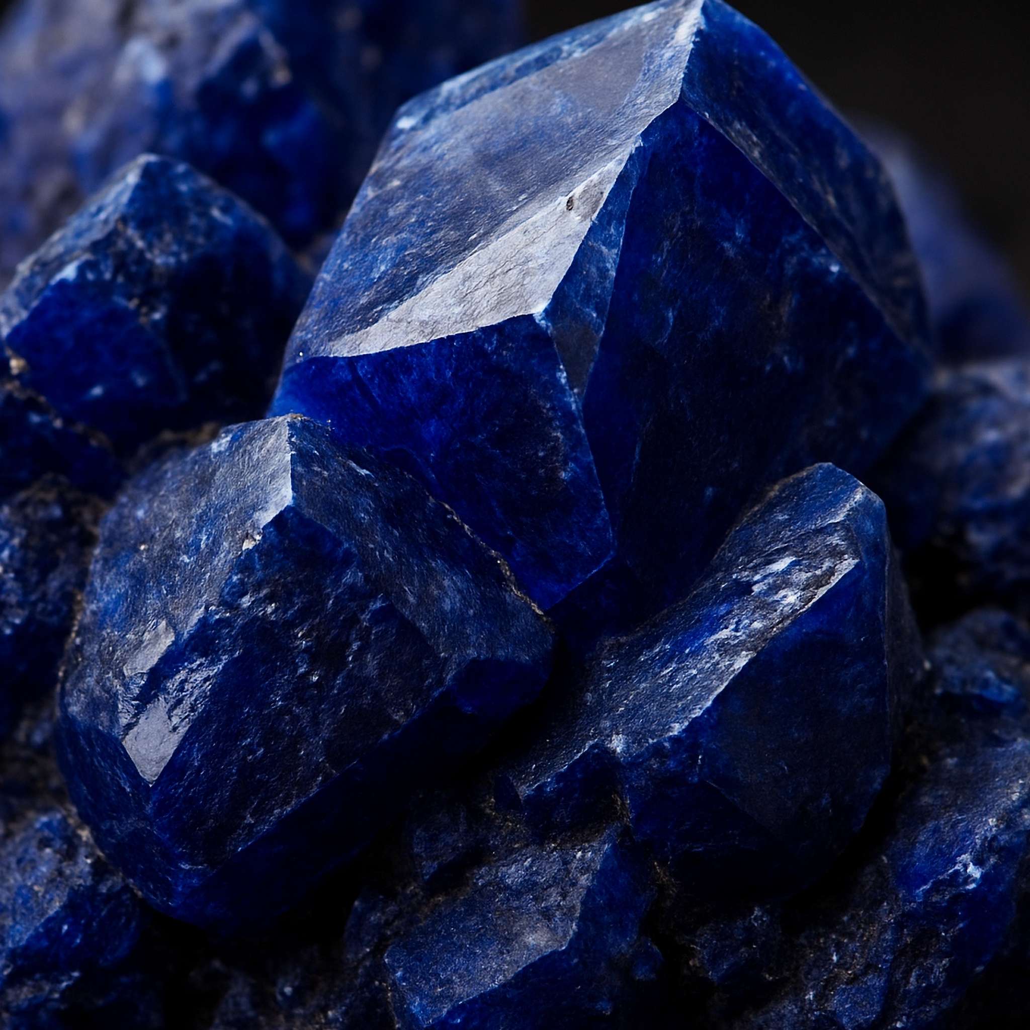 A close-up, macro photo of deep blue, crystalline Azurite mineral. The image shows the rough texture and angular facets of the stone, often associated with promoting enlightenment and stimulating the third eye.