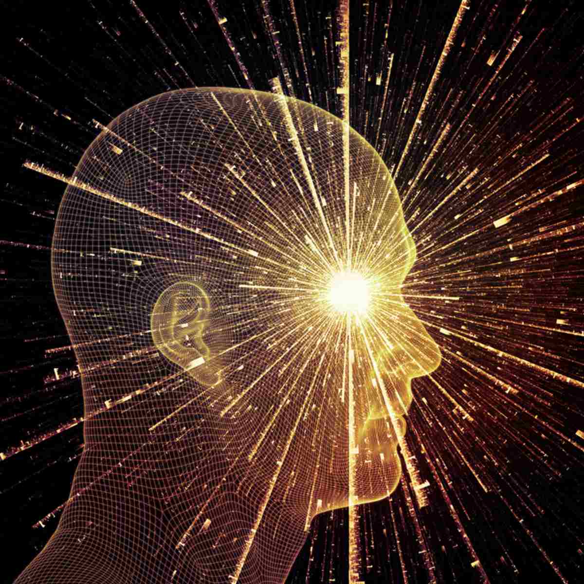 Digital illustration of a head with a glowing third eye against a dark background.