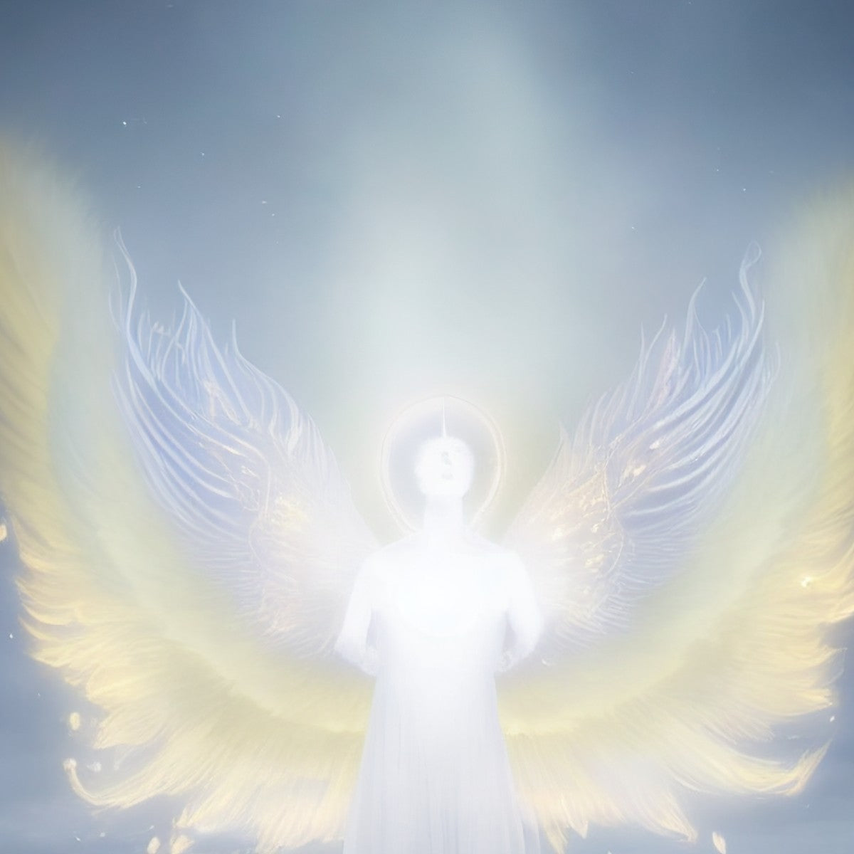 Glowing, all-white angelic figure with large, ethereal yellow-gold wings representing Archangel Raziel.