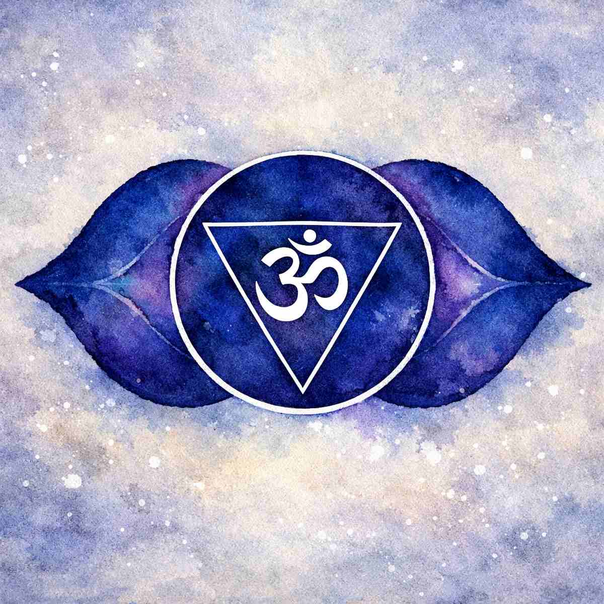 Blue Third Eye Chakra (Ajna) with Om symbol on a blurry background.