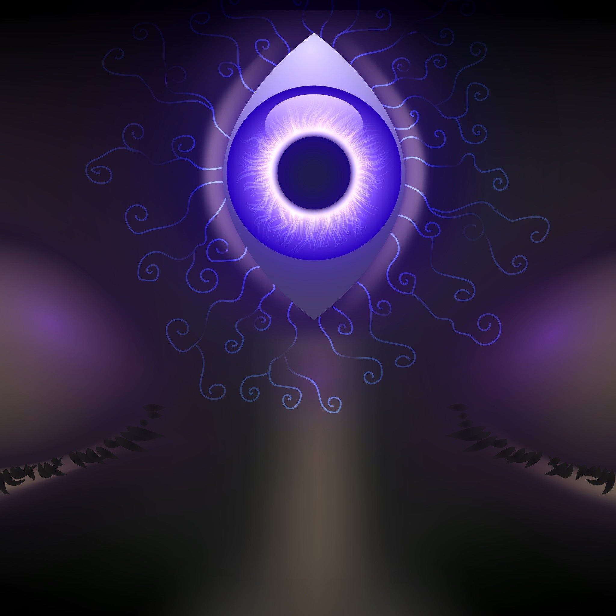 A mystical, glowing purple eye graphic, symbolising the third eye, with flowing lines suggesting dragon energies.