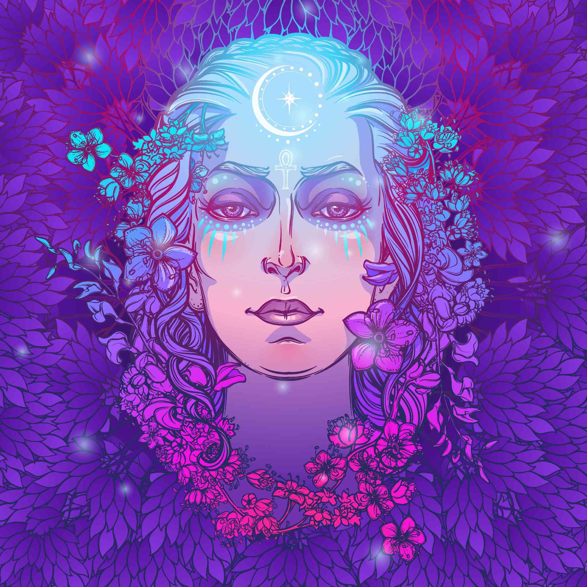 Neon art of a mystical goddess with flowers and a crescent moon, symbolising third eye anchoring.