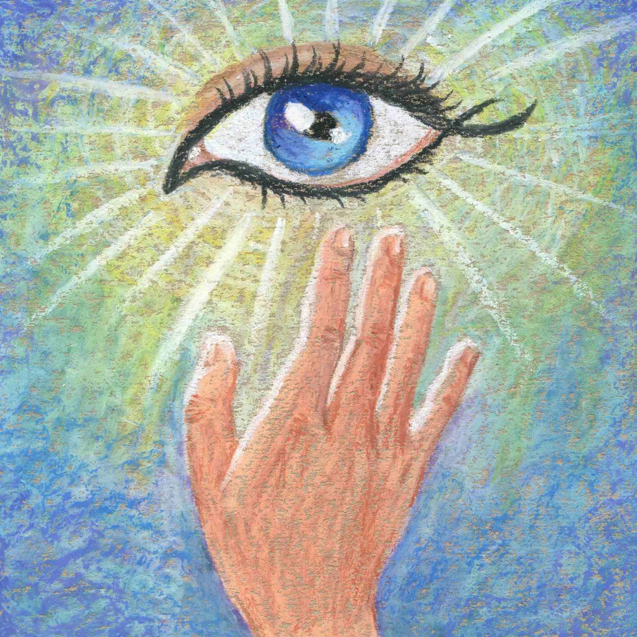 Pastel art of a hand reaching up to a glowing blue eye, symbolising third eye and higher self enhancement.
