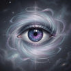 Artistic depiction of a third eye with swirling patterns on silver background.