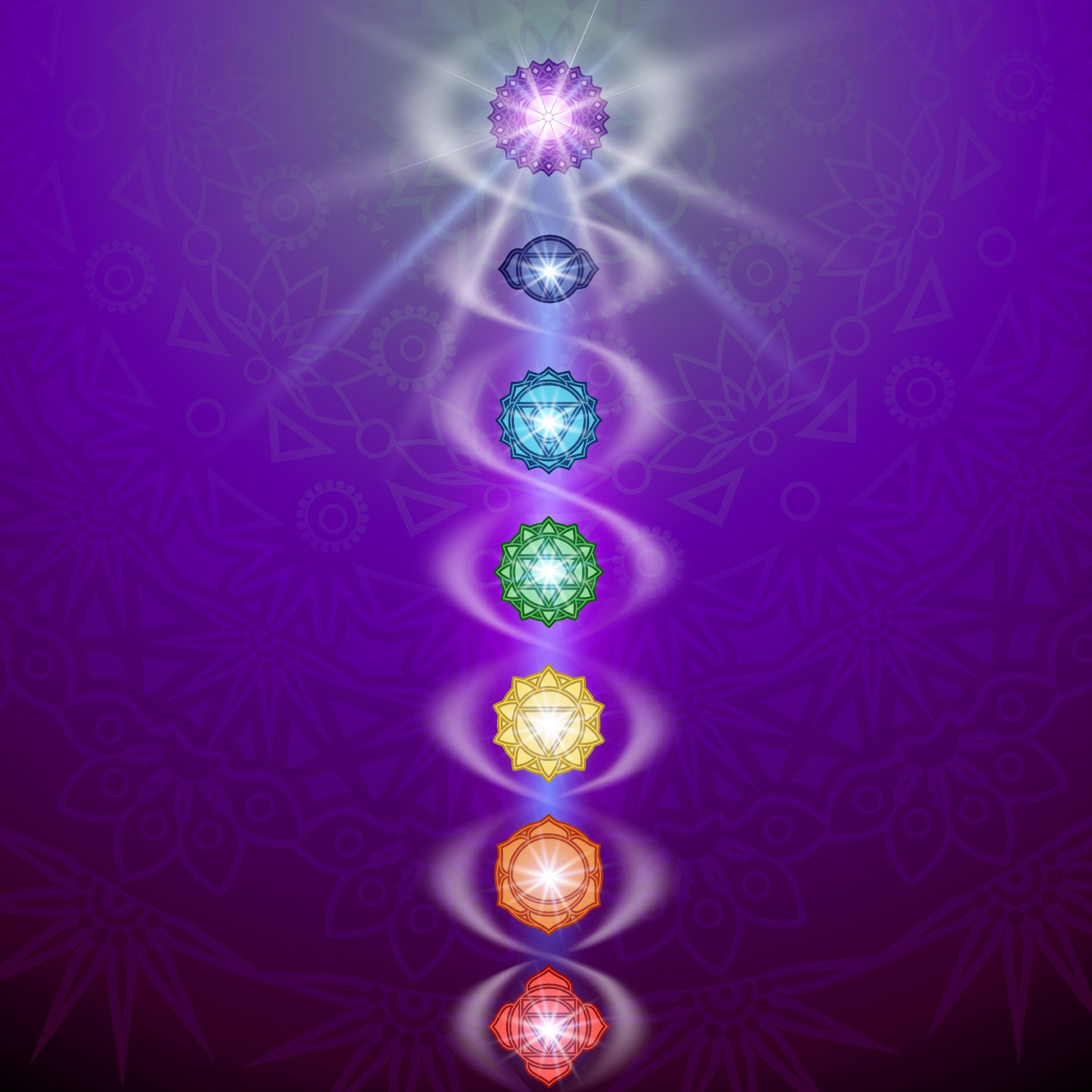 A vertical illustration showing the seven main chakras as glowing, multicoloured symbols arranged in a column on a rich, dark purple background patterned with mandalas. A swirling white ribbon connects the centres, representing the movement of Kundalini energy and illustrating the energy system, including the third eye.
