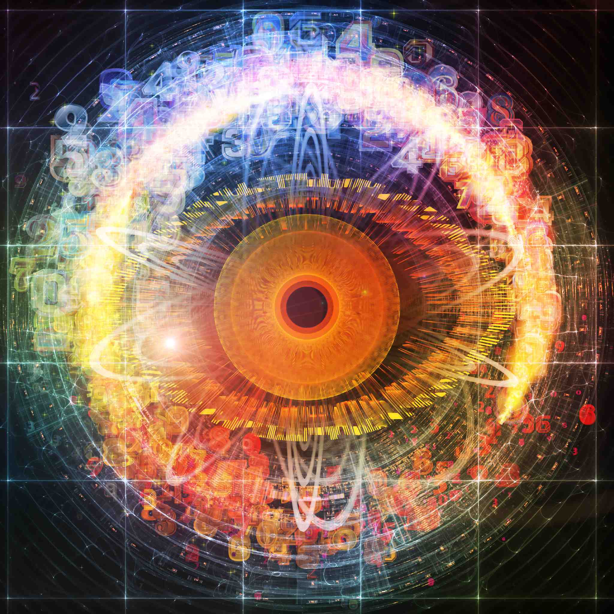 A colourful, abstract digital illustration dominated by a vibrant orange and yellow stylised human eye in the centre. The eye is surrounded by a swirling halo of bright, interconnected lines, geometric shapes, and scattered numbers, with a grid background, symbolising the intense mental and spiritual focus of third eye magic clearing.