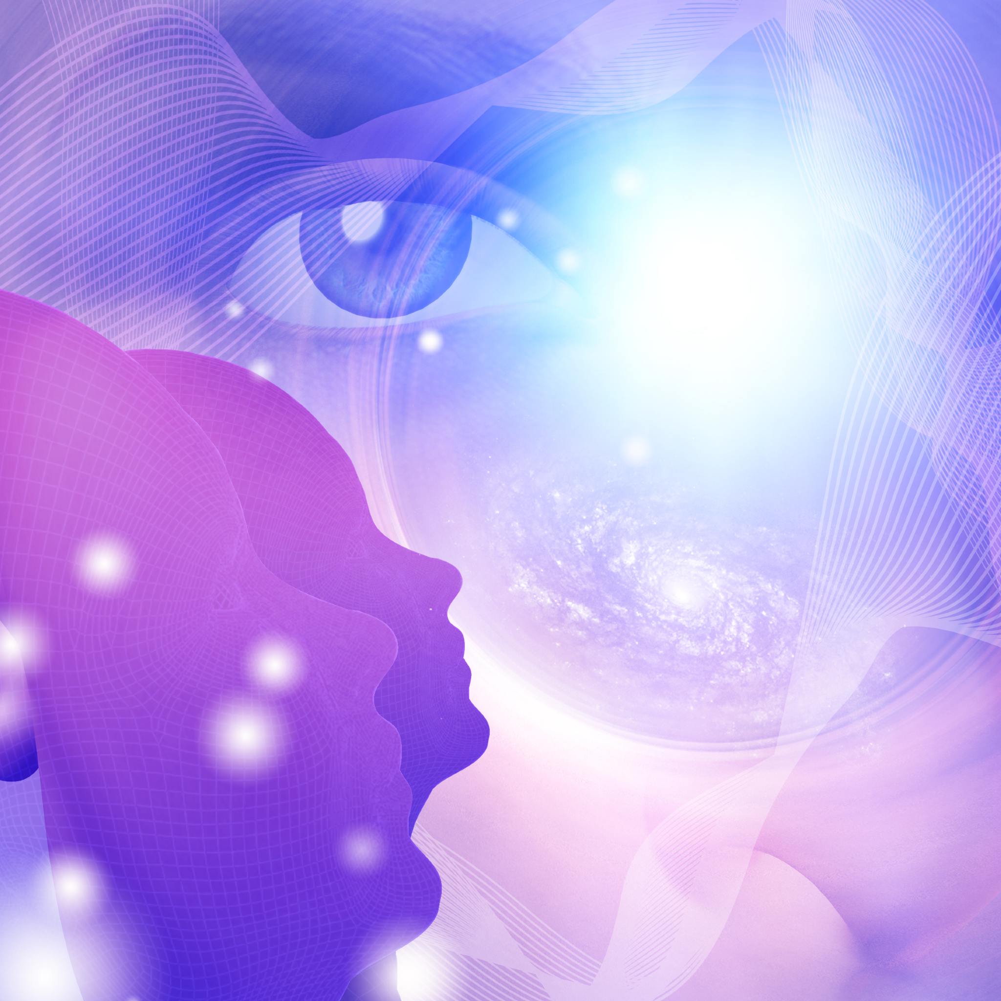 Purple silhouettes of human heads looking towards a cosmic eye with a bright light and galaxy, representing third eye past life enhancement.