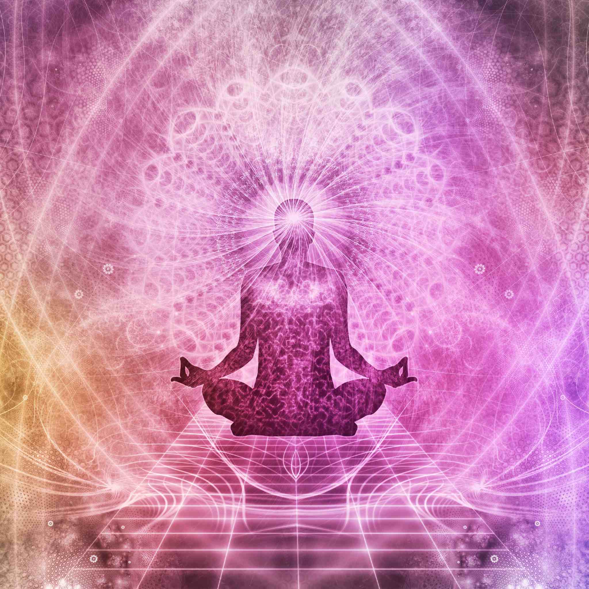 A meditating silhouette against a glowing pink and purple mandala, symbolising third eye enhancement.
