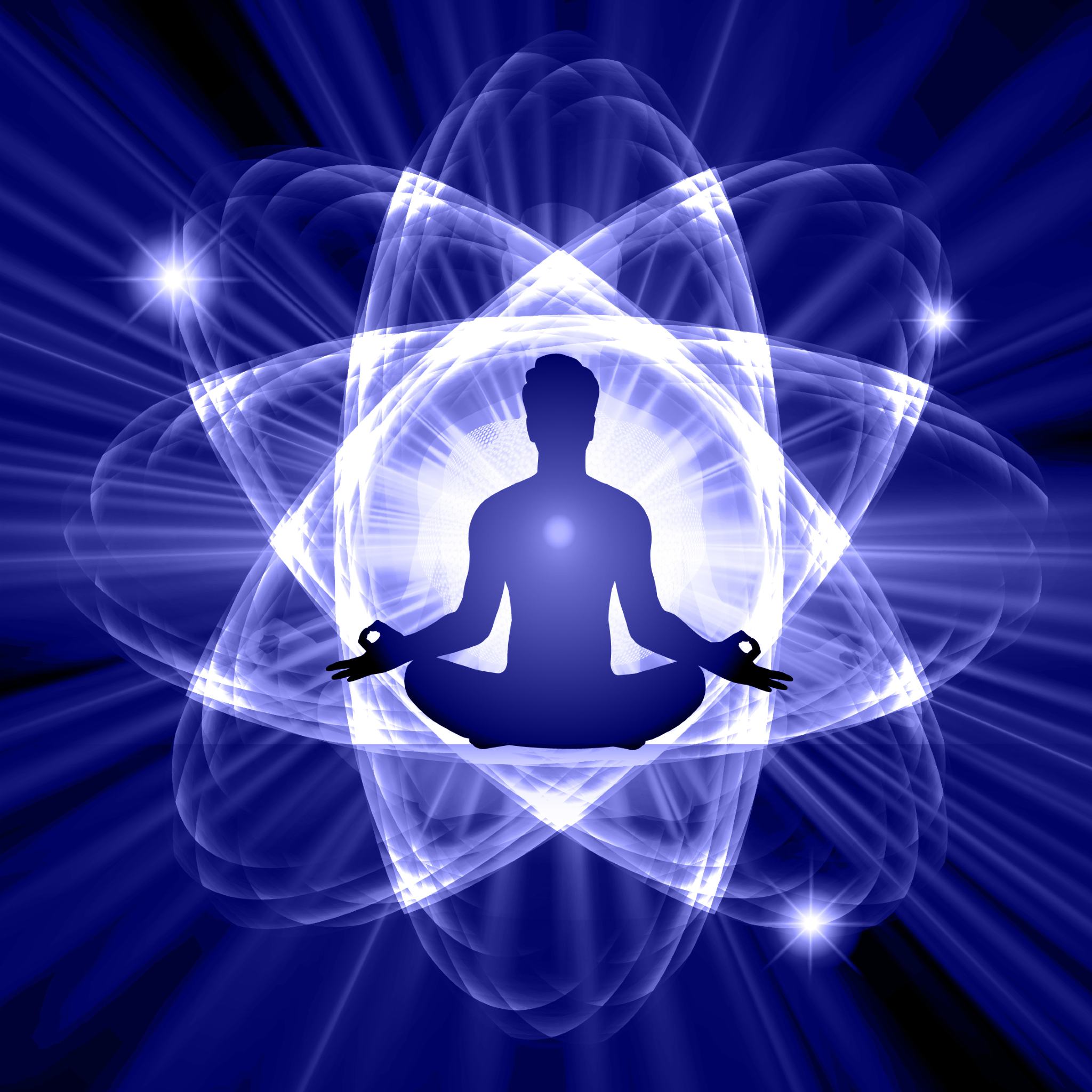 A meditating figure's silhouette inside a large, glowing, blue-white geometric atom shape with bright light rays, representing third eye synchronicity enhancement.