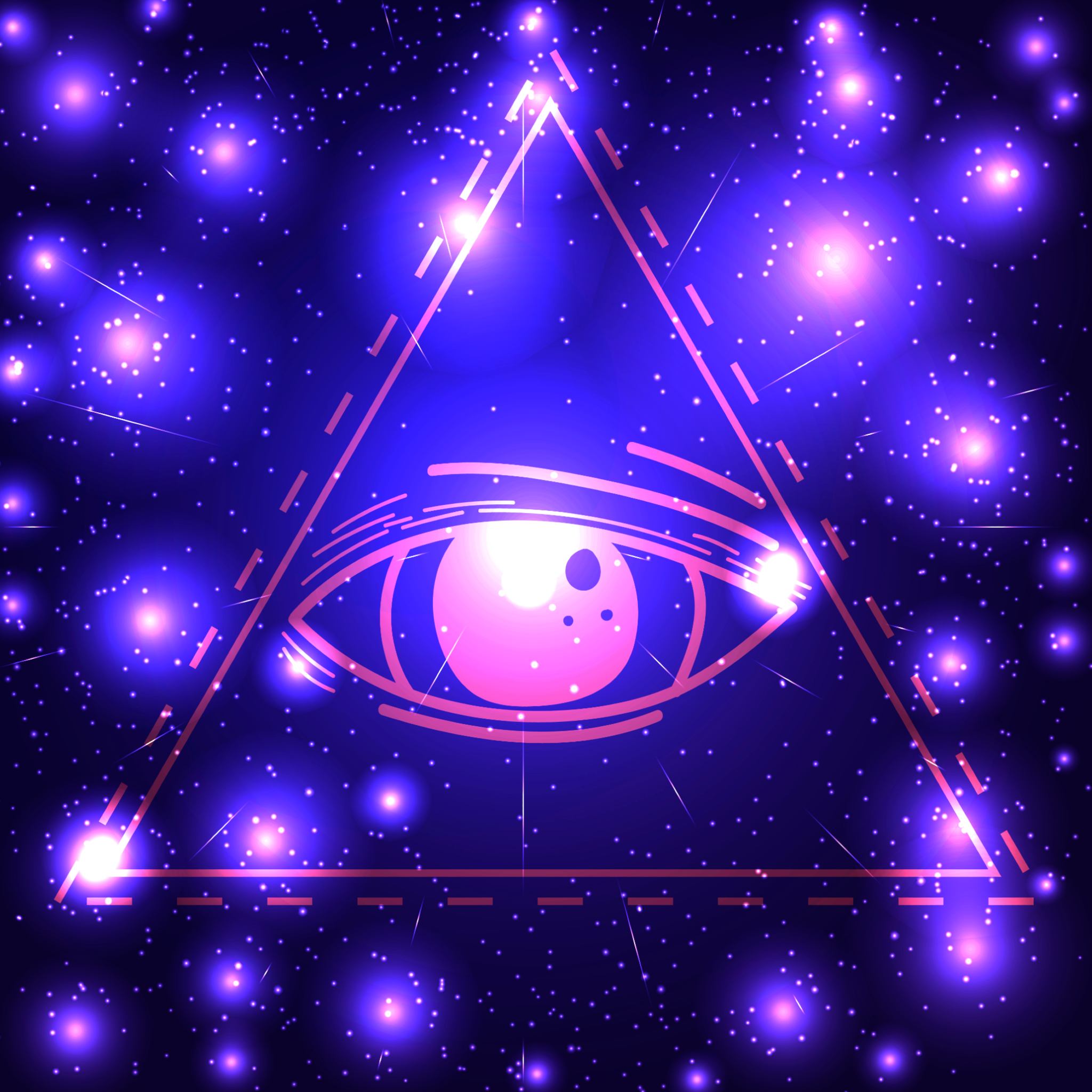 Triangular symbol with a violet flame and third eye design against a starry night sky background.