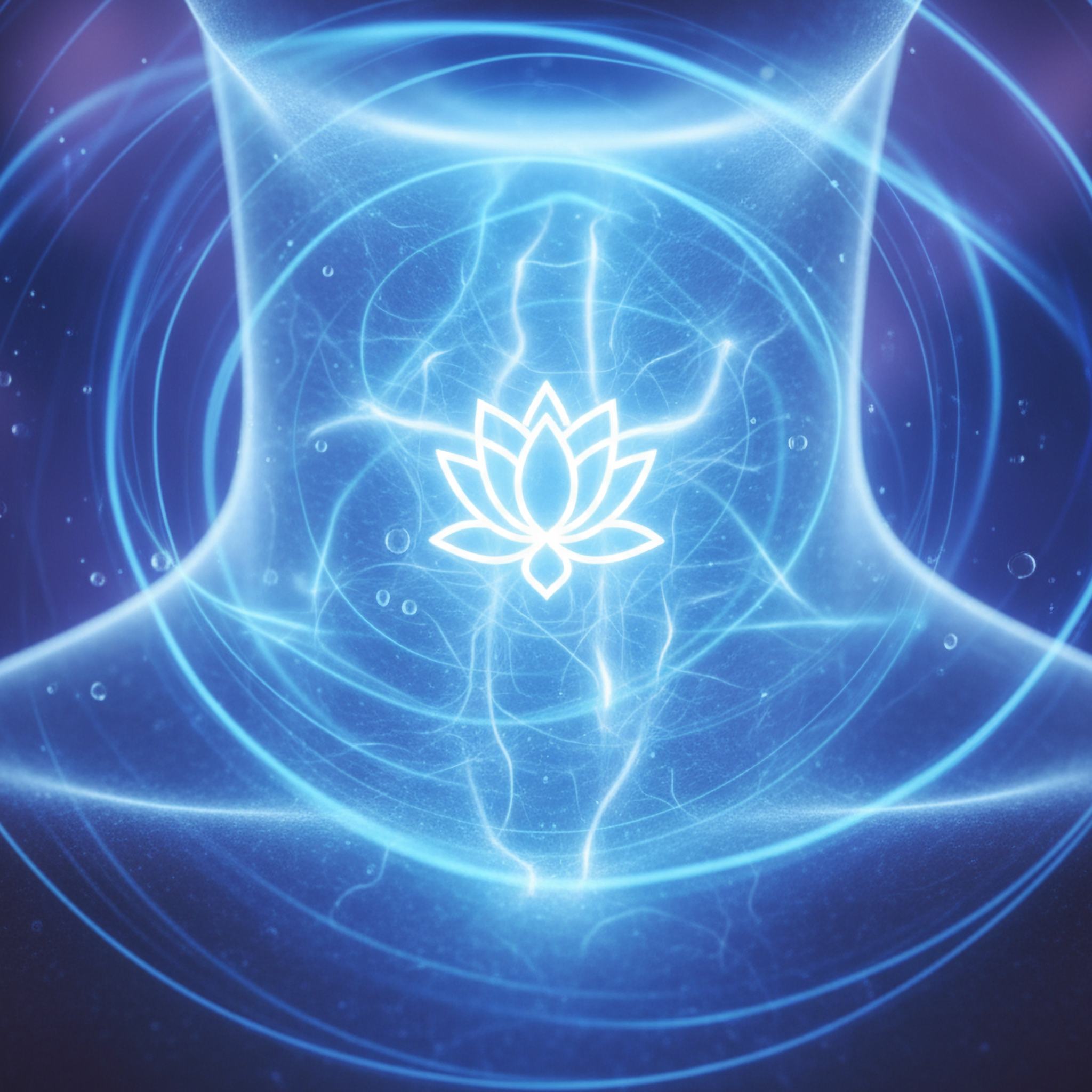 A glowing blue lotus symbol at the neck, representing throat chakra 999 integration.
