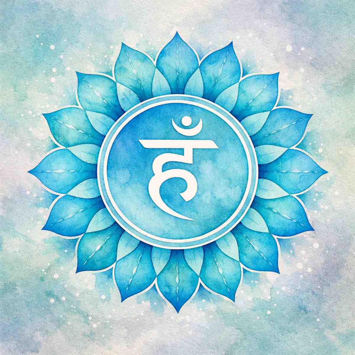 Blue Throat Chakra (Vishuddha) with a white symbol on a light blue background.
