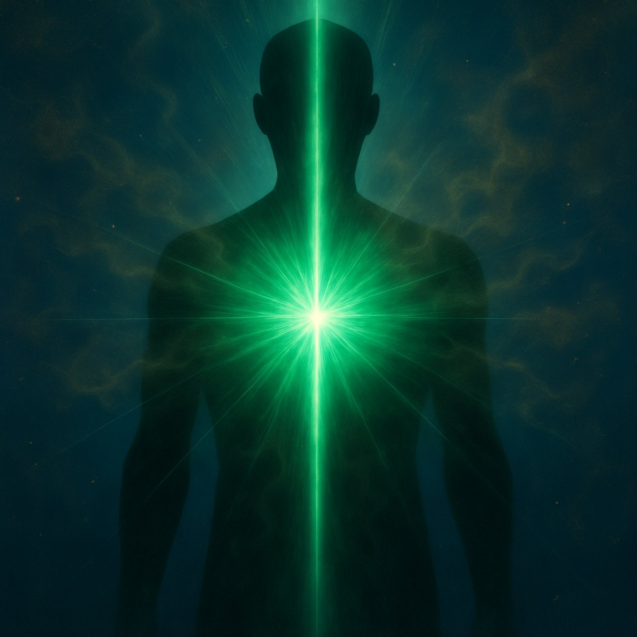 A human silhouette with a brilliant green light beam emanating from the chest, representing thymus chakra immunity activation.