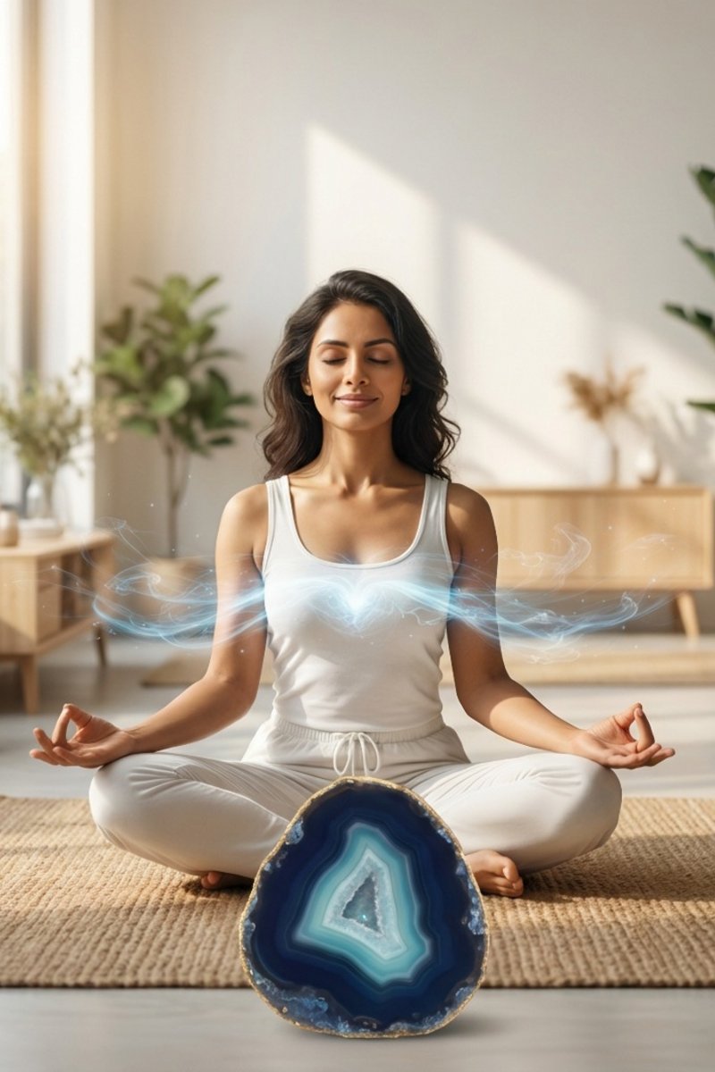 Woman meditating with a blue crystal on a rug in a bright room.