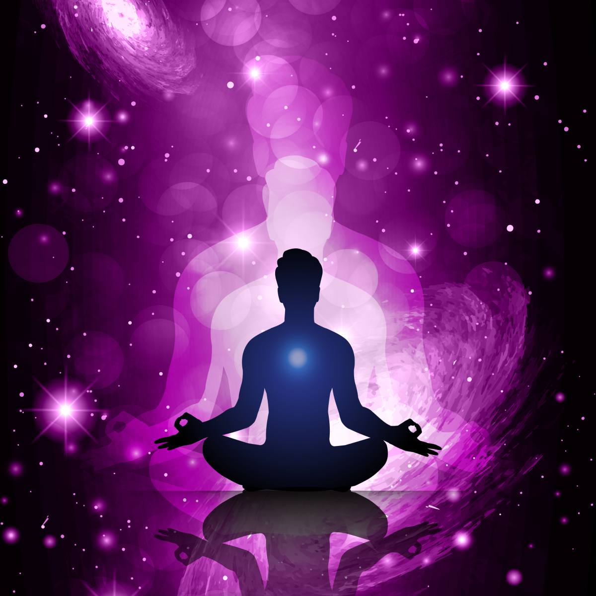 Silhouette of a meditating person against a Violet Flame cosmic background.
