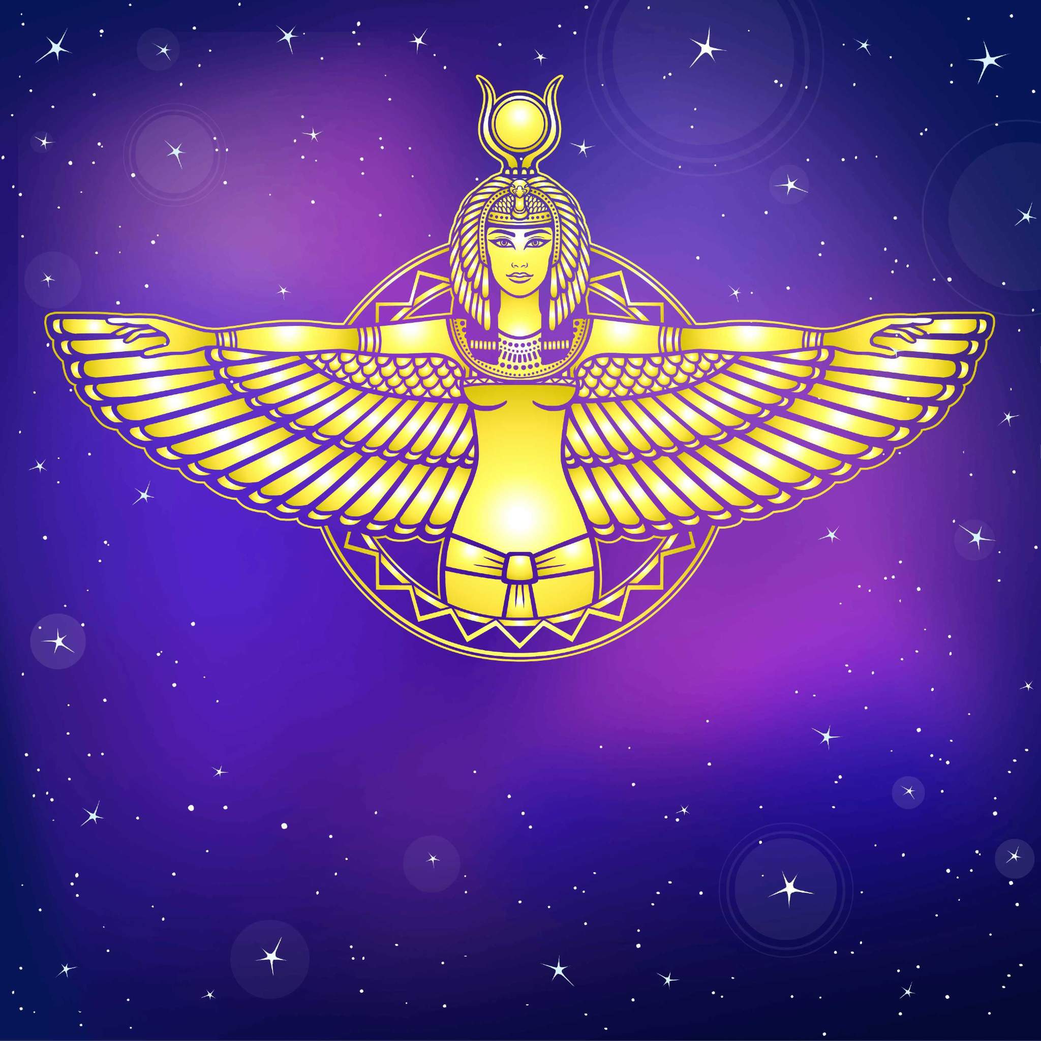 Golden illustration of the winged Goddess Aset (Isis) on a purple starry background.