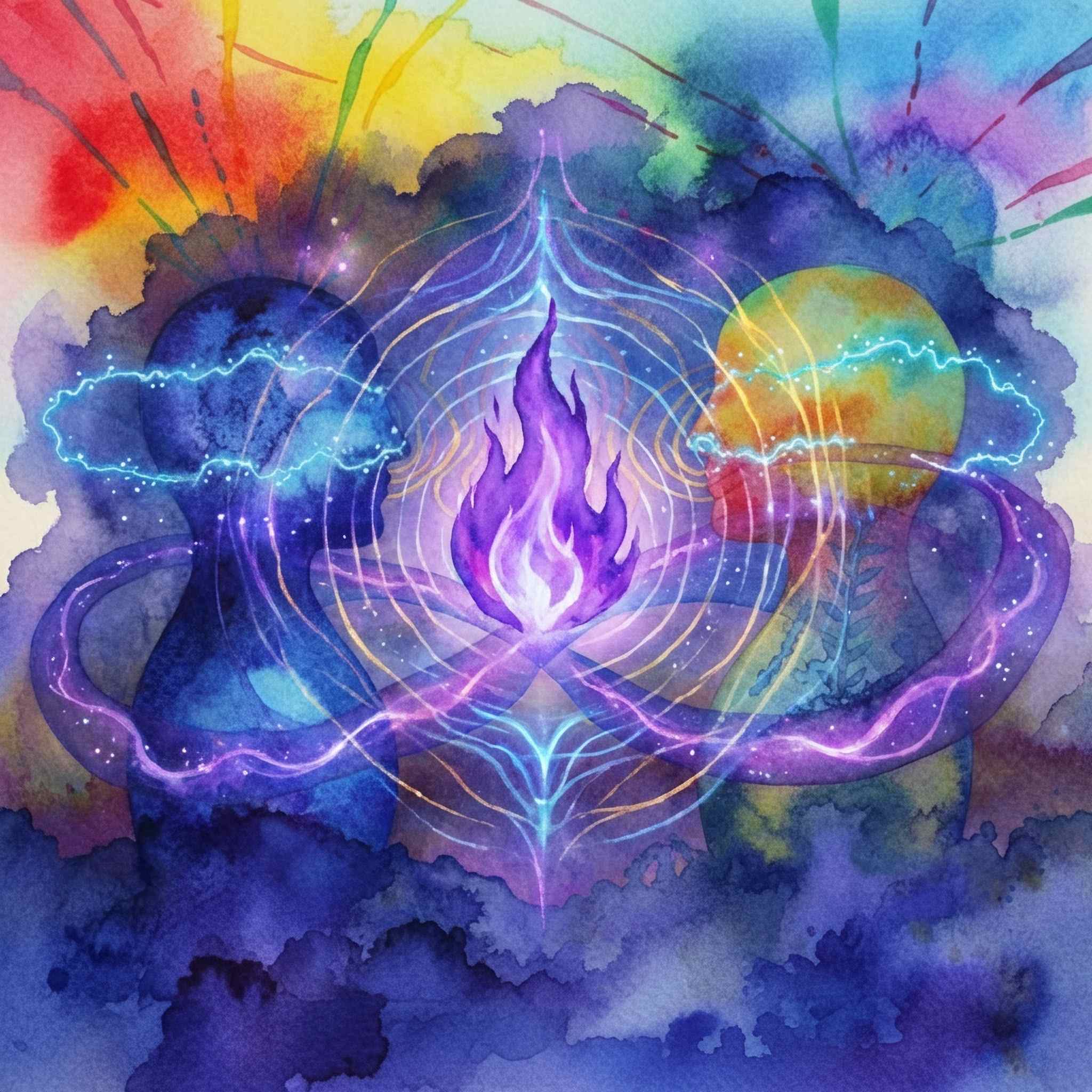Colourful abstract design with a central violet flame on a watercolour background