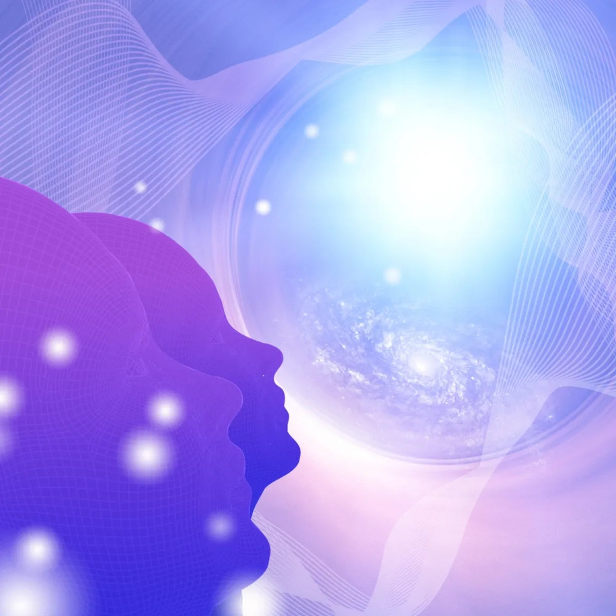 Ultimate Violet Flame Twin Flame Treatment: two purple heads facing galaxy light.