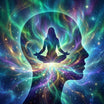Silhouette of a meditating person within a colourful, swirling design resembling a vortex or galaxy.