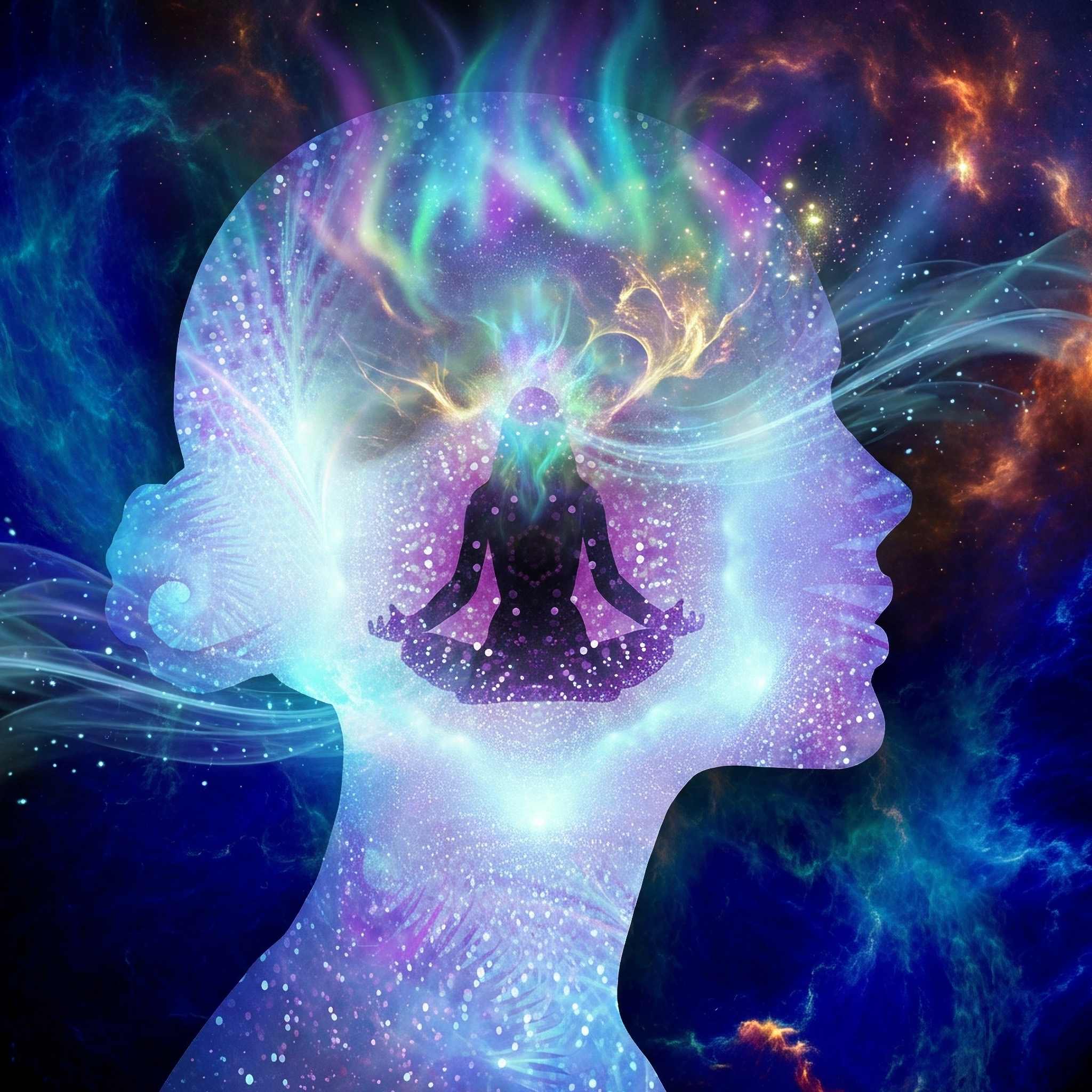 Artistic depiction of a meditating figure within a stylised human head, surrounded by colourful energy.