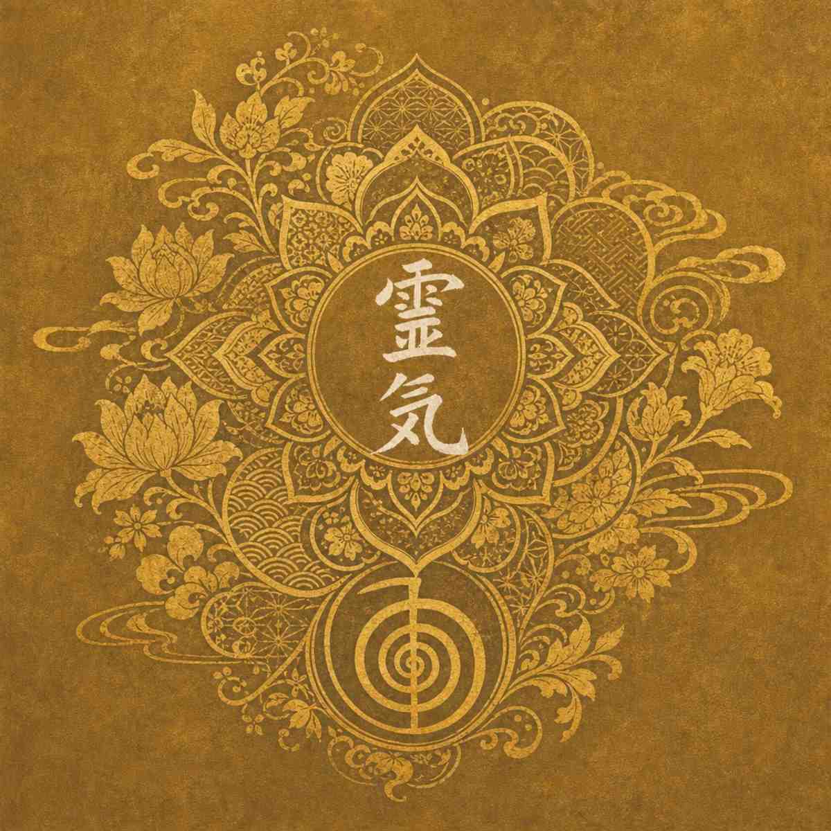 Traditional gold Japanese block print mandala with white Reiki kanji and Cho Ku Rei power symbol.
