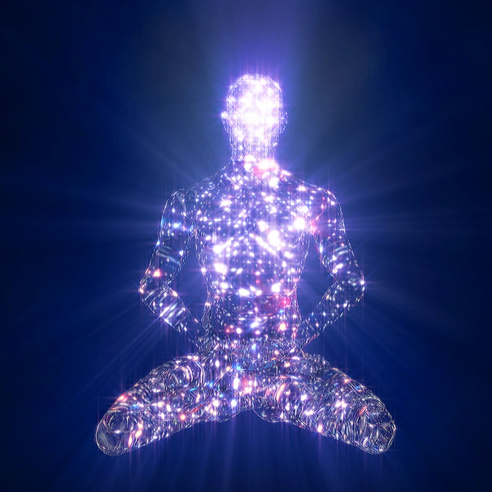 Vibration Increase Treatment: digital illustration of a meditating figure composed entirely of sparkling, high-frequency light against a dark background.