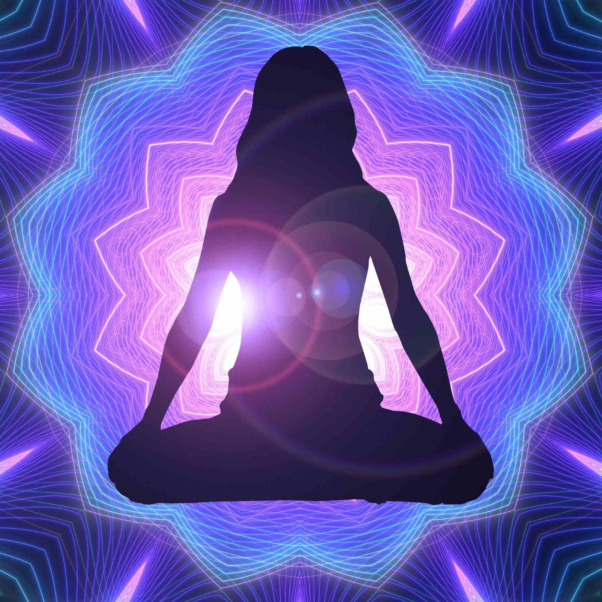 A digital illustration of a feminine silhouette sitting in a lotus meditation pose, glowing with a bright white light at the heart centre. The figure is framed by an intricate, glowing mandala pattern in shades of purple and blue, evoking the transformative energy of the violet flame and ascended masters.