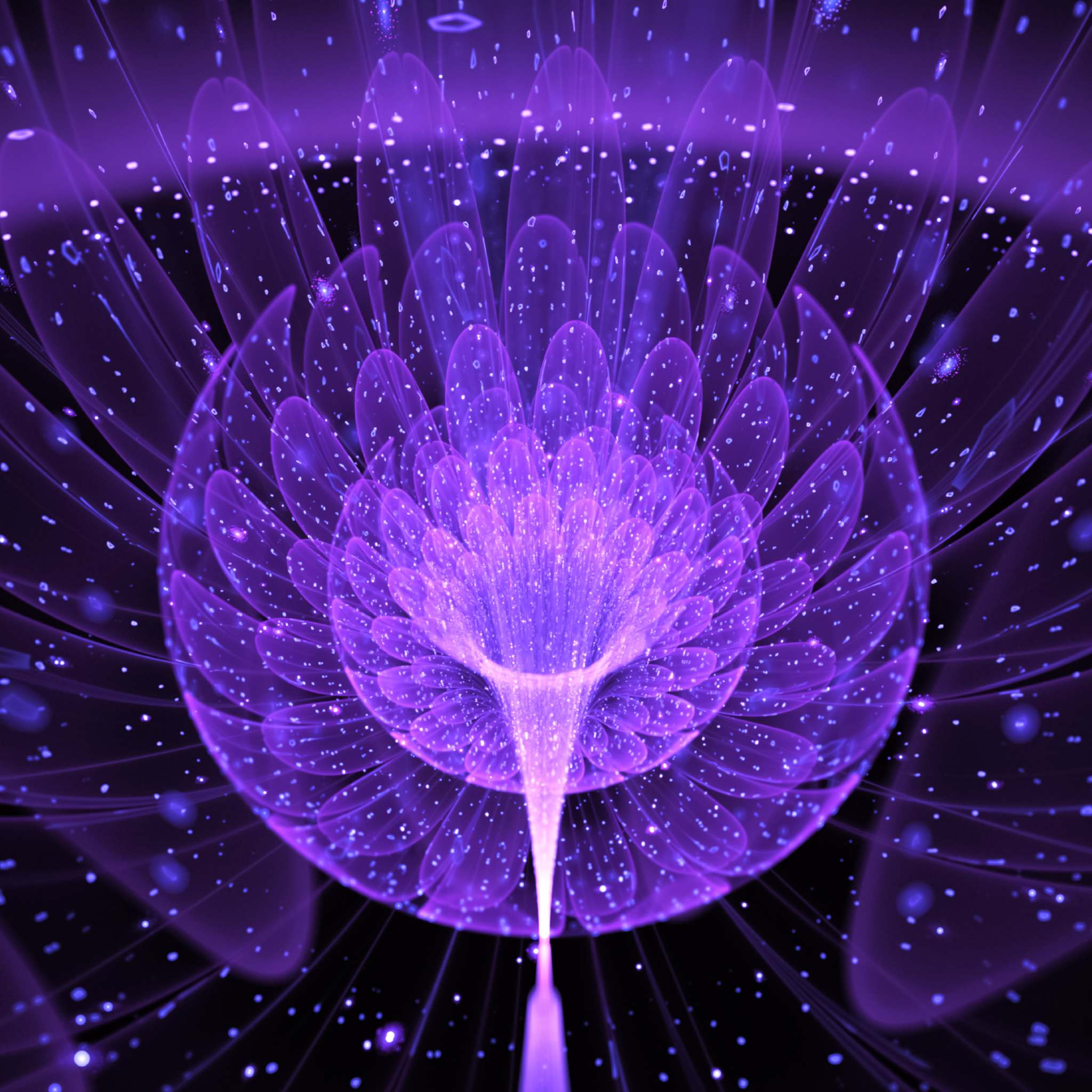 An abstract digital fractal flower or lotus glowing intensely with bright violet and purple light, emitting small white sparks on a dark background, representing the powerful energy of the Violet Flame.