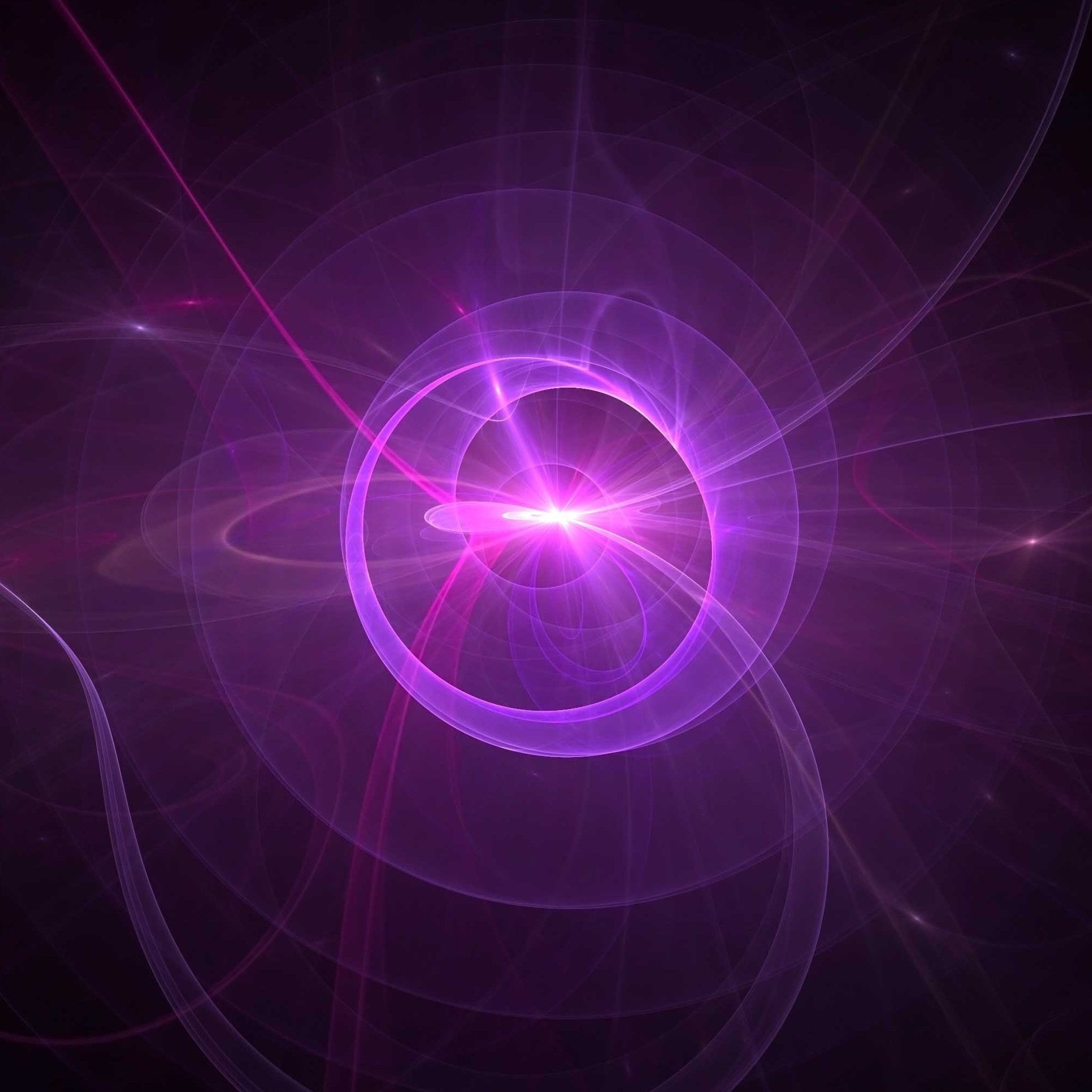 An abstract digital fractal illustration featuring bright purple and magenta concentric circles and swirling lines against a dark background. A brilliant white light flares at the centre, representing the violet flame opal transmutation and spiritual energy.