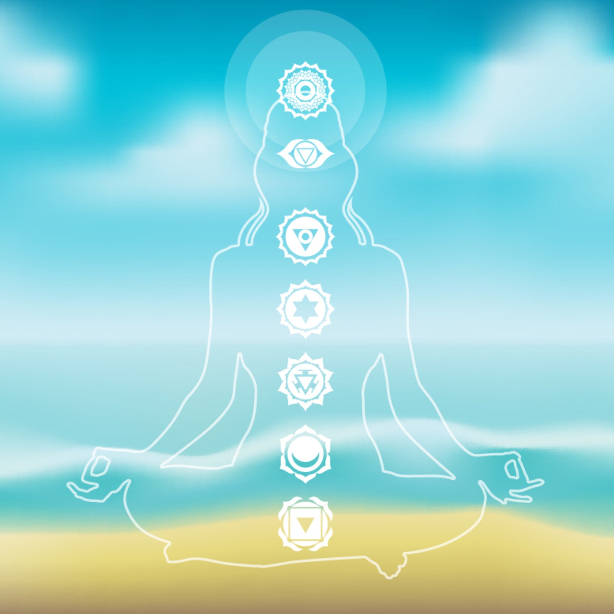 A clear white outline of a person sitting in a meditative lotus pose, superimposed over a soft, blurred background of a beach and light blue ocean under a bright sky, with seven white chakra symbols aligned vertically over the torso.