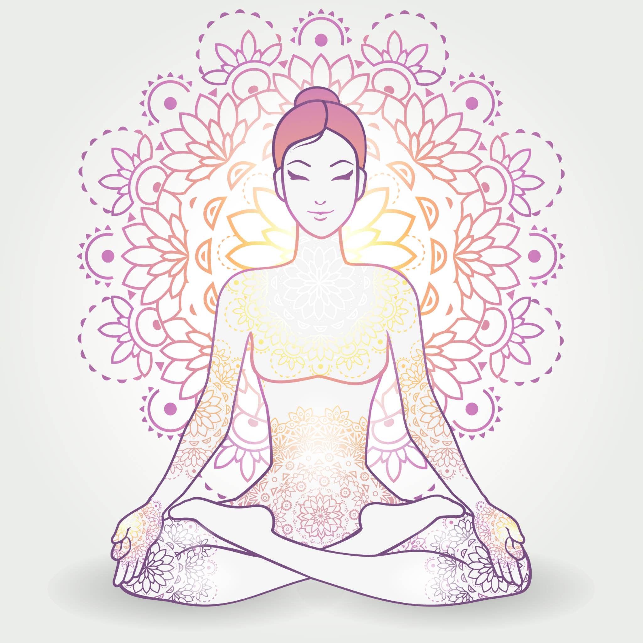 A line drawing of a woman meditating in lotus pose, overlaid with mandala patterns in orange, pink, and yellow.