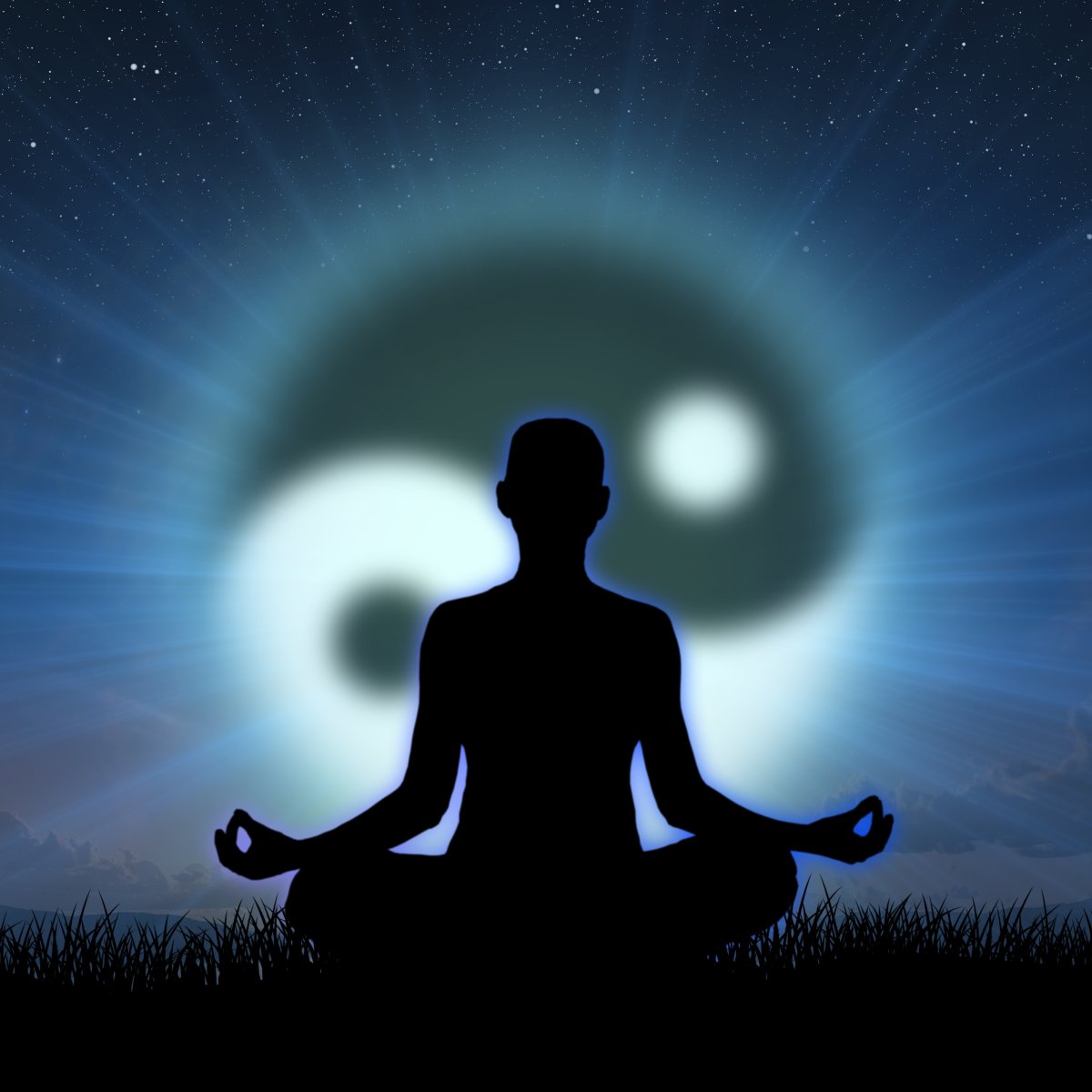 Silhouette of a meditating figure set against a glowing blue yin and yang symbol under a starry night sky.