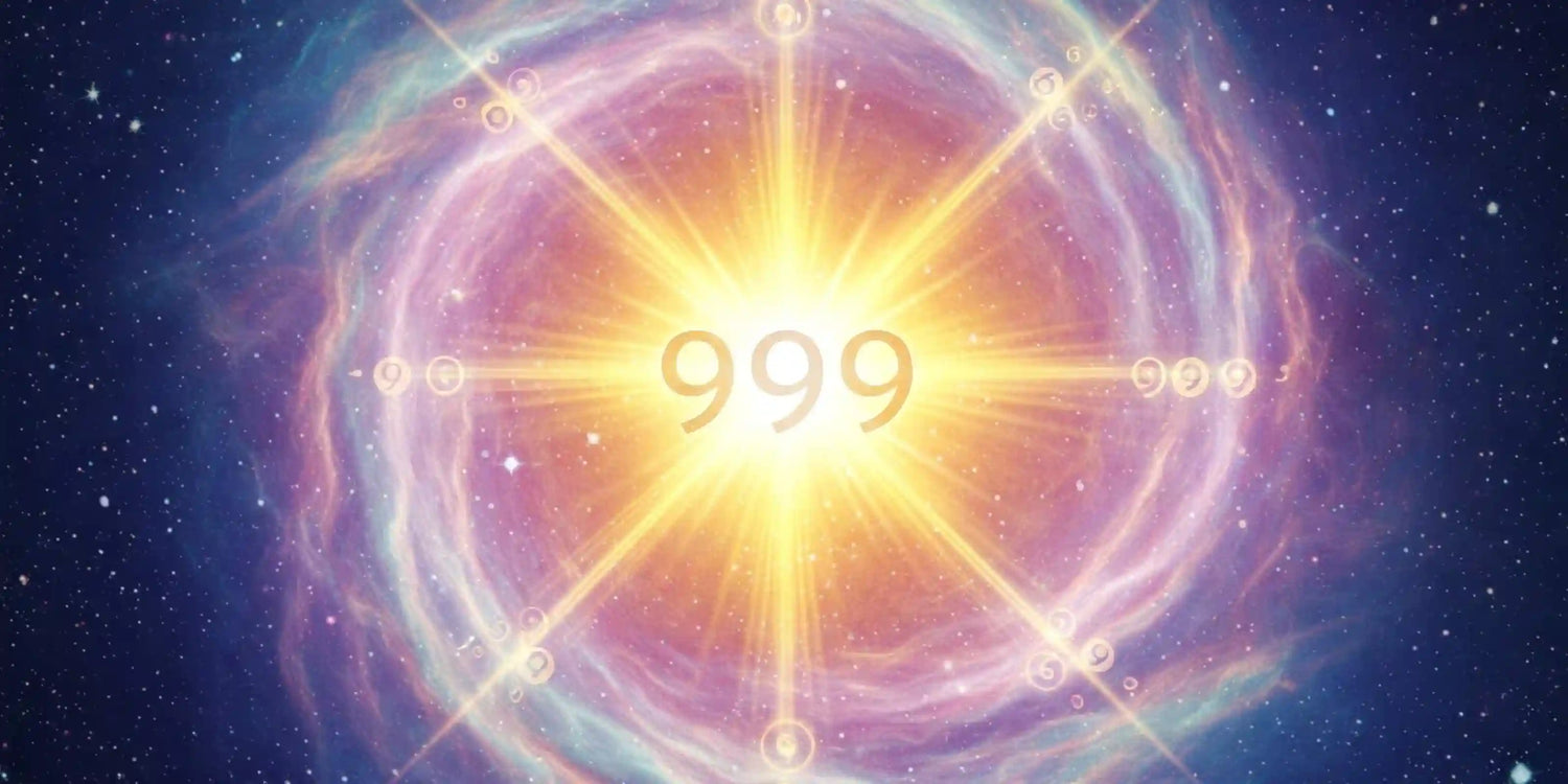 Iridescent cosmic vortex with golden light and the number 999, illustrating the decoding of 999 energy for spiritual transformation and understanding your soul's purpose.