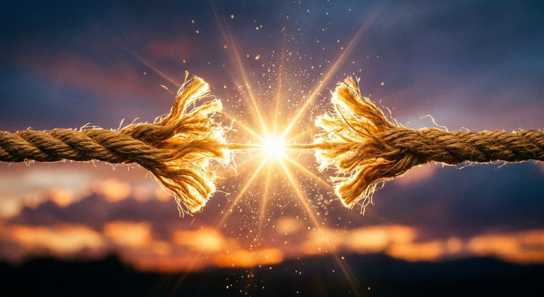 Two ropes pulling apart with a bright light in the centre representing etheric cord cutting.