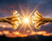 Two ropes pulling apart with a bright light in the centre representing etheric cord cutting.