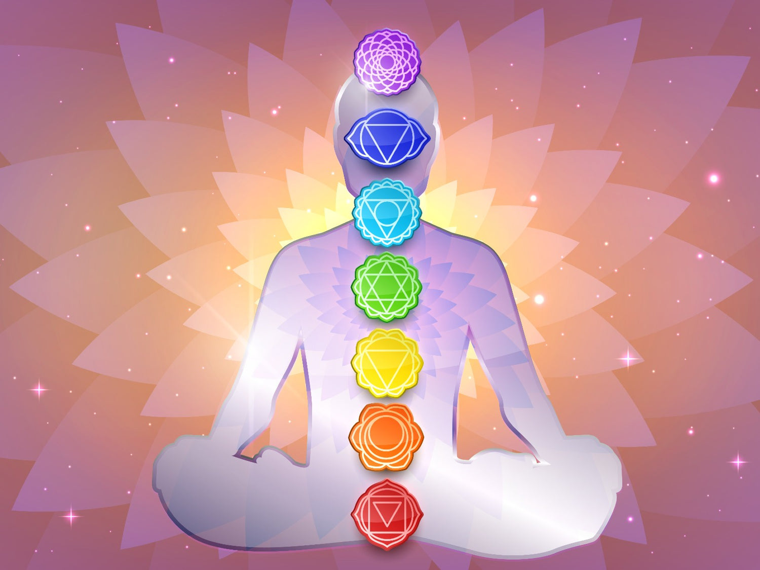 Illustration of a person meditating in lotus pose with seven glowing chakras aligned up their body, set against a soft, radiant background, representing distant energy healing treatments from Blissful Light.