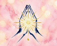 Watercolour illustration of praying Reiki hands overlayed with a radiant golden sun symbol set against a soft pink background.