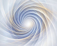 Abstract 3D geometric spiral vortex in glowing silver-white, sapphire-blue, and gold for flush attunements guide.