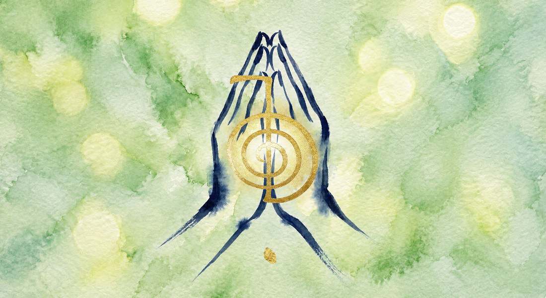 Watercolour illustration of Reiki hands overlayed with a golden Cho Ku Rei Reiki symbol set against a soft green background.