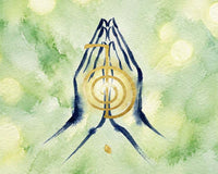 Watercolour illustration of Reiki hands overlayed with a golden Cho Ku Rei Reiki symbol set against a soft green background.
