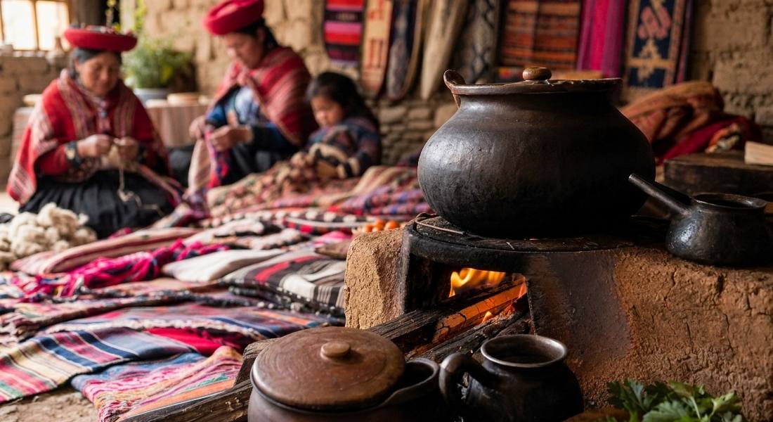 A clay pot cooking over a stove hearth, with Andean women in traditional red hats weaving vibrant textiles behind.