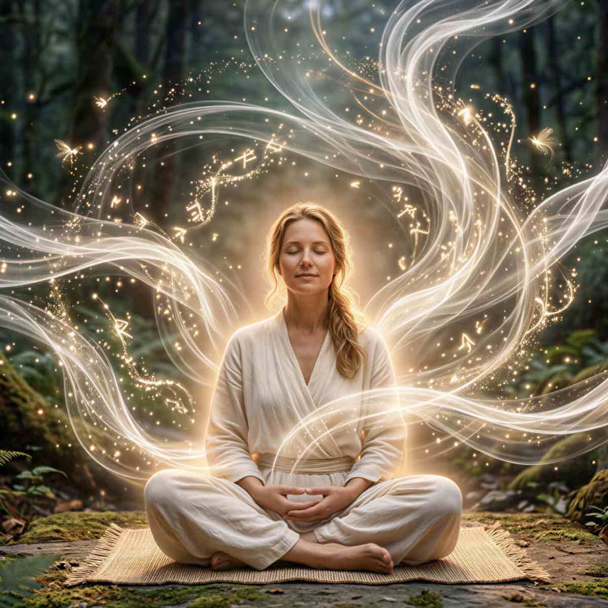 Radiant woman in meditation receiving a distant energy healing treatment with energy rays around her.