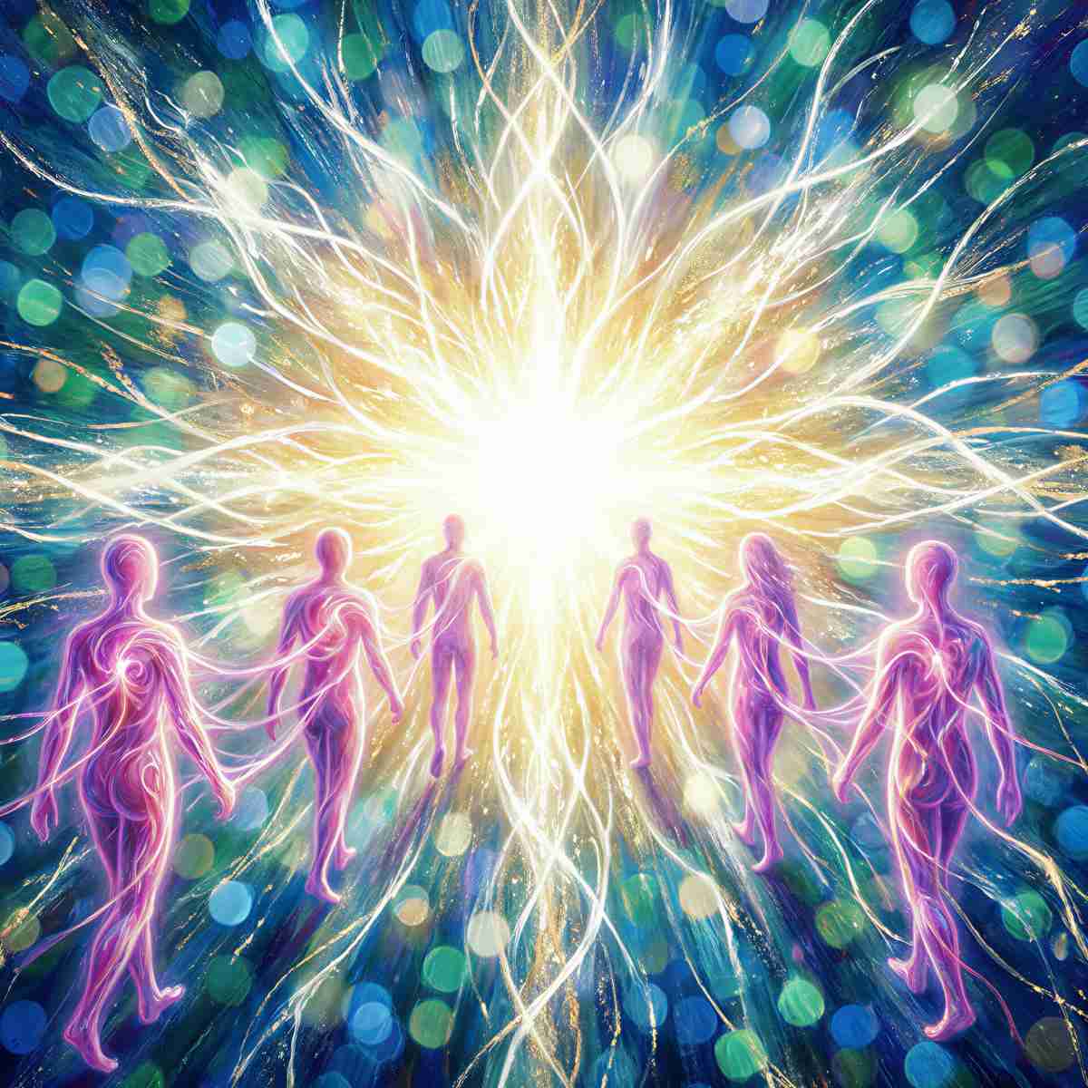 Glowing energetic silhouettes walking towards a central white burst of light connected by energy strands.