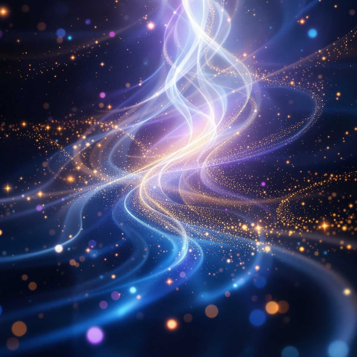 Ethereal blue and white light trails with glowing gold particles in a dark cosmic space, representing deep soul work.