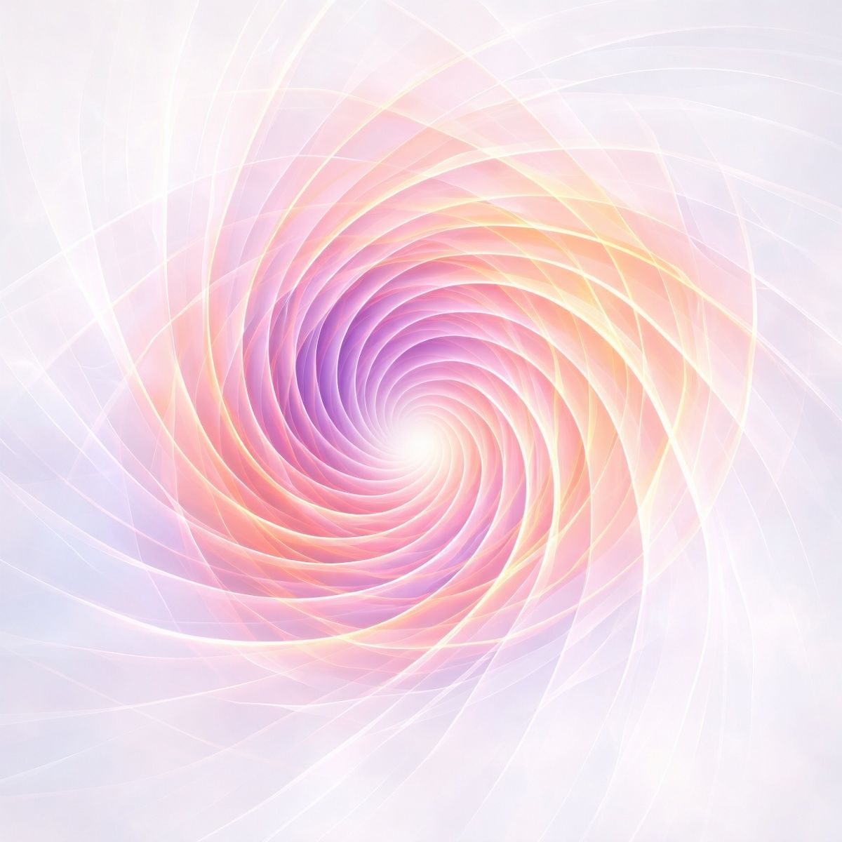 An ethereal white, pastel pink, purple, and gold digital vortex with translucent, swirling geometric ribbons spiralling inward representing flush attunements.
